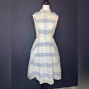 Moulinette Soeurs Blue and Cream Plaid Midi Dress | Size 6